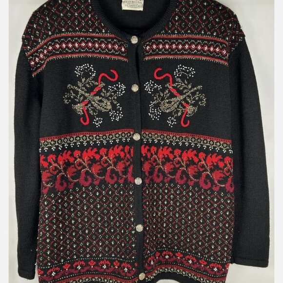 Vtg 90s Susan Bristol Black Beaded Christmas Wool Cardigan Sweater Sz XL 1993 - Picture 1 of 5